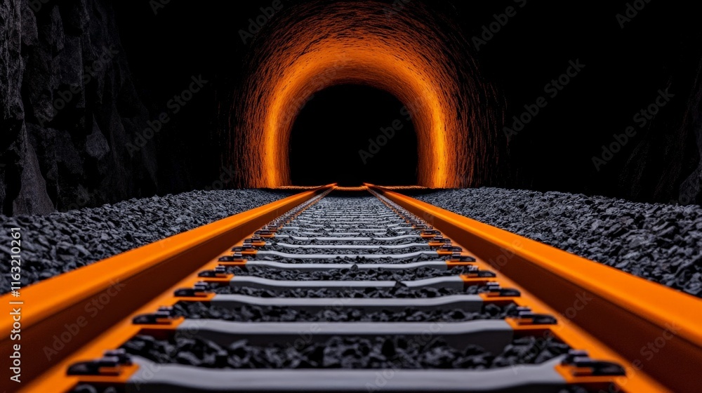 Poster journey into the unknown: a captivating image of a train track vanishing into a fiery orange tunnel,