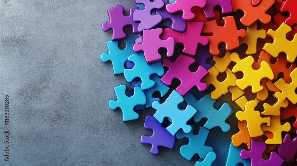 Poster colorful puzzle pieces on gray background: a vivid representation of teamwork and problem solving