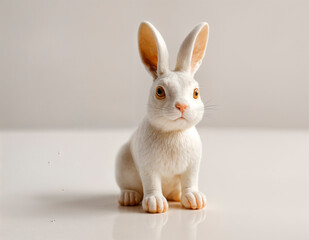 Obraz premium A ceramic figurine of a rabbit, white. Reflective surface below medium shot, soft light illuminating the figure. Cinematic style, slightly out of focus background - generated by ai