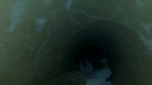 POV being flushed down a drain, Interior visualization of plumbing pipe piping system, Liquid flow swirl underwater in sewage or drainage