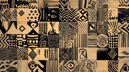Pattern of tribal designs, showcasing an array of intricate geometric shapes in various sizes and forms