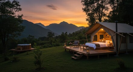 Luxurious glamping tent at sunset in mountainous landscape with hot tub