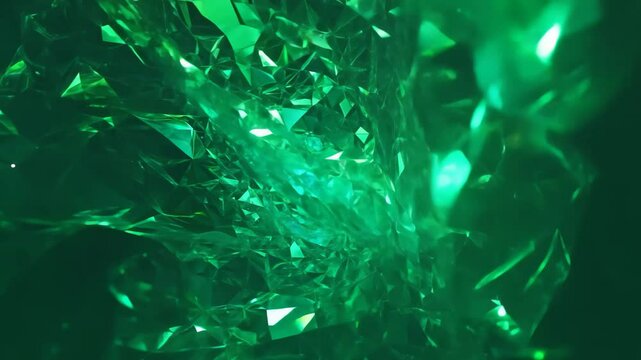 Exploding emerald green crystal shards with dynamic light reflections