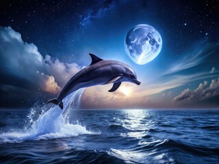 Obraz premium Captivating night ocean photography reveals a dolphin's breathtaking leap in low light.