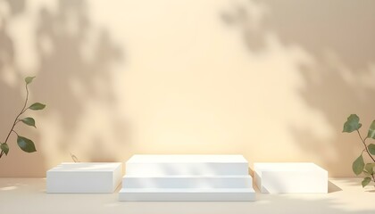 Escenario minimalista con podios blancos y sombras de hojas en fondo beige, ideal para exhibición de productos