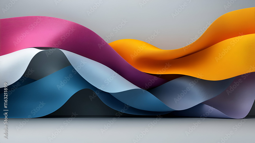 Poster abstract colorful fabric waves flowing dynamically, creating a serene visual landscape. abstract art
