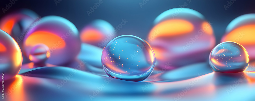 Poster vibrant spheres on a shimmering surface, reflecting light and color dynamically.