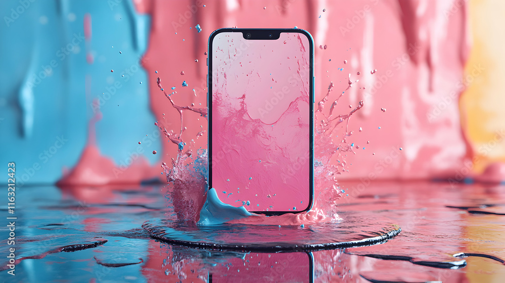 Poster smartphone in vibrant paint splash: colors explode dynamically on screen and surface