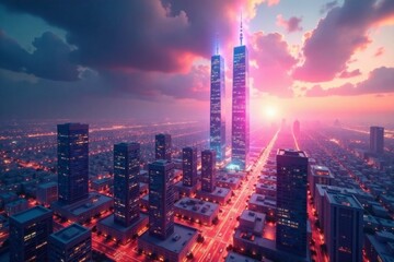 Fototapeta premium Holographic skyscrapers rise from the city center, neon lights, urban development