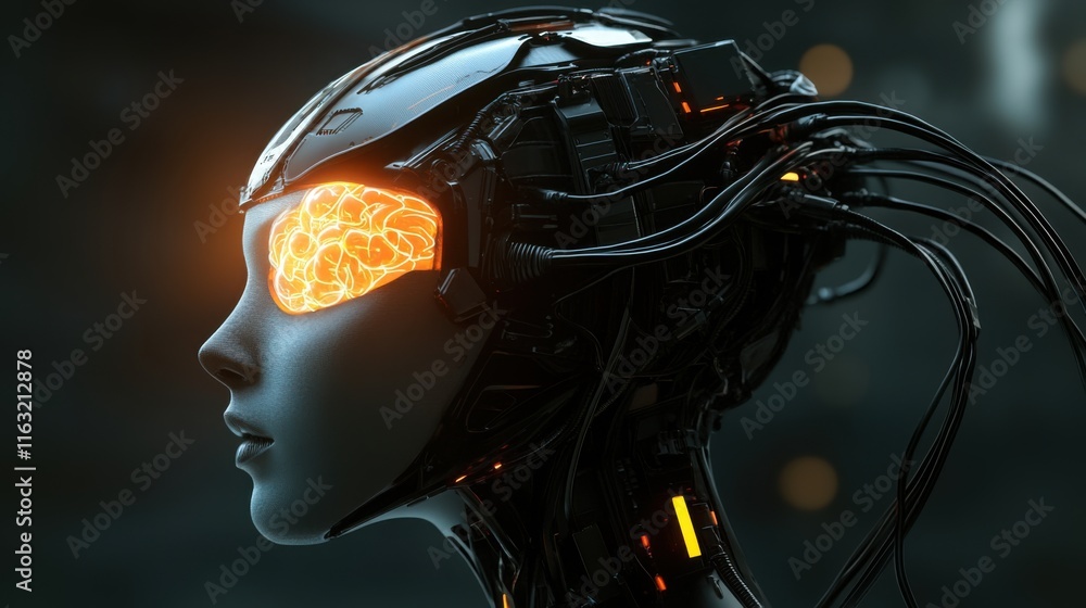 Poster cybernetic female android with illuminated brain artificial intelligence futuristic technology