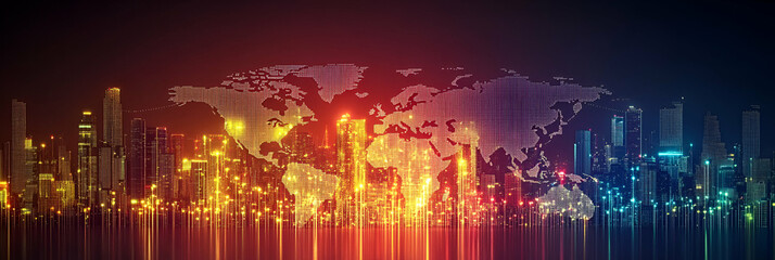 Fototapeta premium Global Cityscape, Illuminated Skyline Reflecting World Map, a vibrant representation of interconnected urban areas showcasing global communication and international collaboration effectively.