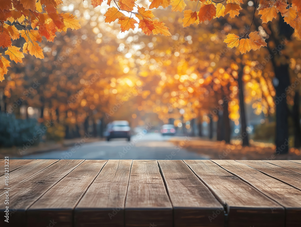 Poster empty wooden table sits in front of autumn park scene. golden leaves of maple trees line street in b