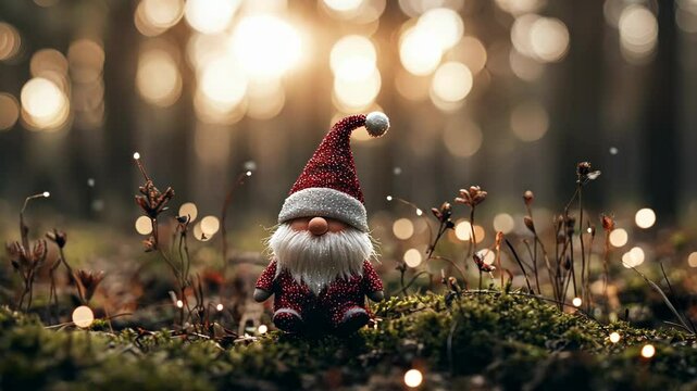 Festive gnome surrounded by glowing lights in a serene forest setting during the holiday season