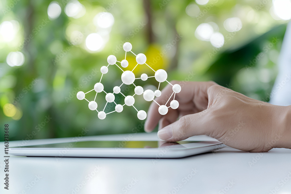 Poster digital molecular structure on tablet, exploring innovation in science and technology