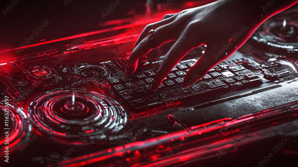 Poster cyberpunk hand typing on futuristic interface: a dark figure interacts with advanced technology myst