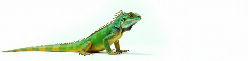 Obraz premium Iguana with green scaly skin standing alone on a bright white surface, isolated, wildlife