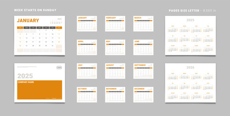 Set of 2025 Pages Monthly Calendar Planner Templates, Cover with Place for Photo, Company Logo, Annual 2025-2026. Calendar Vector pages size Letter-8.5x11in with 2 weekend for print Week start Sunday