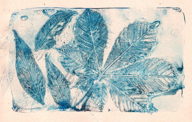 imprints of real leaves on paper, creative abstract grunge background