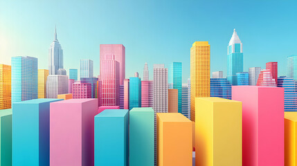 Obraz premium Vibrant Cityscape, Colorful Towers Rise, Forming a Striking Skyline, Brightly, Joyfully
