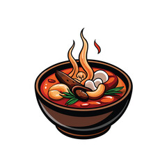 Close-up vector illustration of a steaming bowl of Tom Yum soup, showcasing vibrant ingredients like lemongrass, chilies, and shrimp.