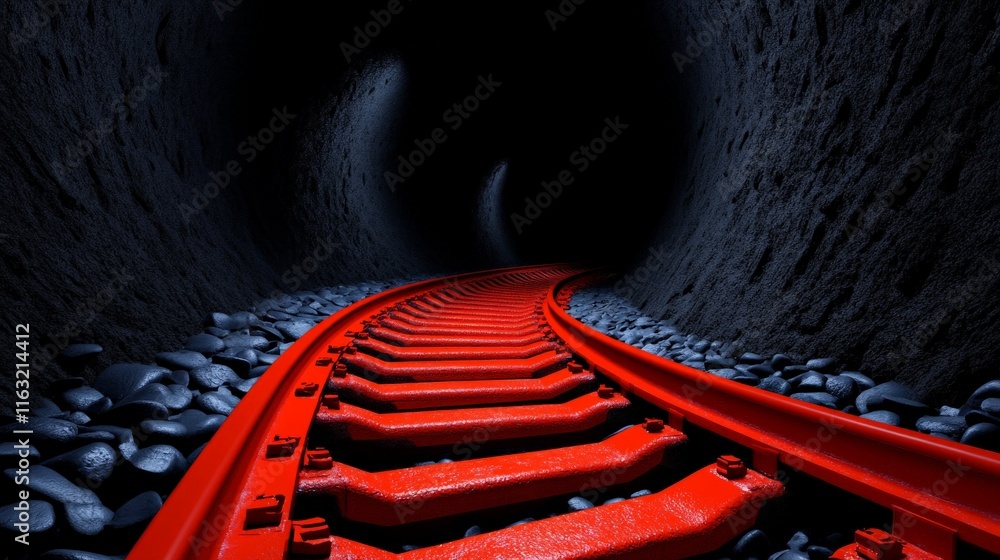 Poster red rails into the darkness: a captivating image of vibrant red railway tracks curving into a dark, 