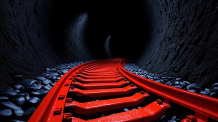 Red Rails into the Darkness: A captivating image of vibrant red railway tracks curving into a dark, mysterious tunnel, evoking a sense of journey, adventure, and the unknown.