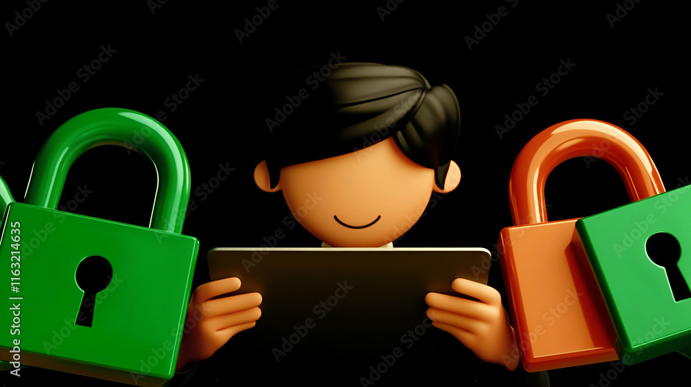 Poster digital security, person reviews secure data on tablet, protecting privacy and confidentiality with 