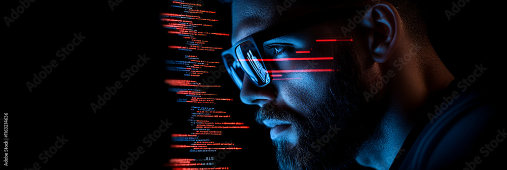 Poster cybersecurity expert analyzing code: intense focus on digital security solutions