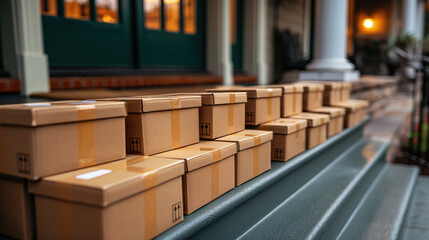 Row of cardboard boxes on steps for residential shipping and delivery