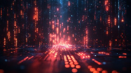 Fototapeta premium Abstract digital landscape with glowing red and blue elements creating a futuristic atmosphere.