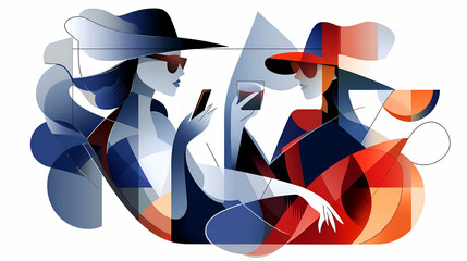 Stylish Women Enjoying Drinks & Tech, Modern Art