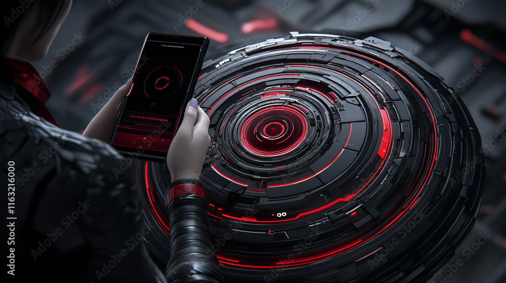 Poster cyberpunk sphere, futuristic tech interface glows red, person interacts with a sleek mobile device.