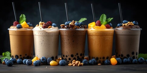 Beverage assortment, elegant presentation of iced drinks paired with diverse ingredients on table, artistry of beverage and appeal of refreshing cocktails and mocktails.