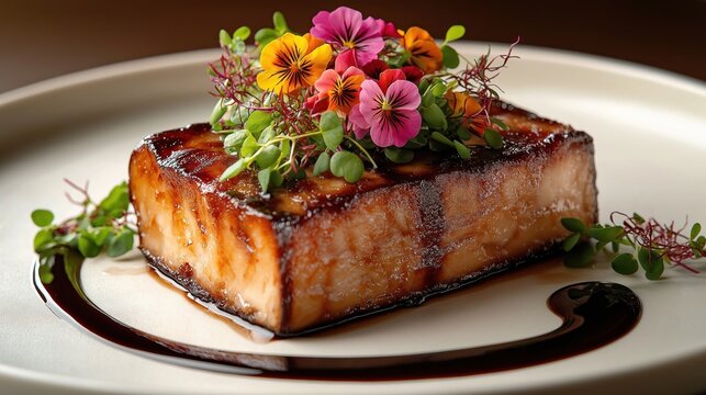 Close-up view of exquisitely plated foie gras terrine. Delicate balsamic reduction sauce artistically swirls around terrine. Edible flowers, microgreens add vibrant touch to garnish. Food