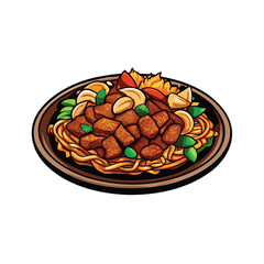 Create a highly detailed vector illustration of a plate of vibrant stir-fried rice noodles with assorted vegetables and protein.  Focus on realistic textures and colors.