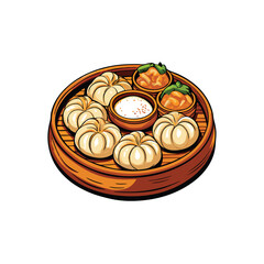 Create a detailed vector illustration of a delectable dim sum platter featuring various steamed and fried dumplings, buns, and shrimp.  Include vibrant colors and textures.