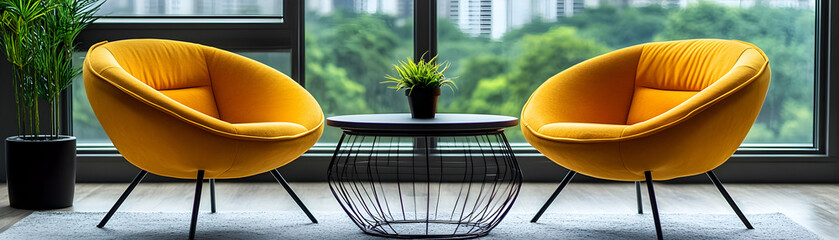 Modern Yellow Armchairs & Coffee Table,  Stylish Interior Design with a Vibrant Accent Piece near a Window.