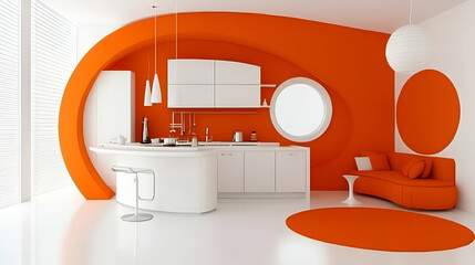 Modern Orange & White Kitchen Design, Stylish Curved Walls, Island Counter, and Cozy Seating Area.