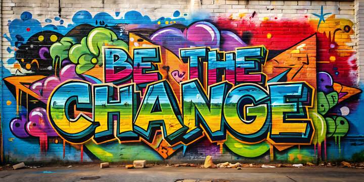 Colorful graffiti artwork with bold text 'Be the Change' painted on an urban wall, featuring vibrant colors, abstract patterns, and a motivational theme
