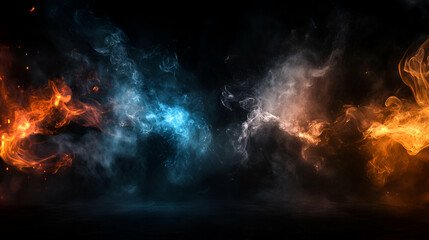 Fototapeta premium Fiery & Icy Smoke, Abstract Art Background, Dramatic Contrast of Colors, Mystical Vapor, Glowing Haze, Dark Atmosphere, Intense Energy, Visual Spectacle, Dynamic Composition.