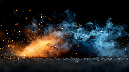 Fiery & Icy Collision, Abstract art of contrasting elements clashing dynamically, creating a mesmerizing spectacle of vibrant sparks and swirling smoke.