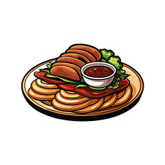 Create a highly detailed vector illustration of thinly sliced Peking duck, showcasing its glistening skin and tender meat.  Include crisp textures and realistic color gradients.