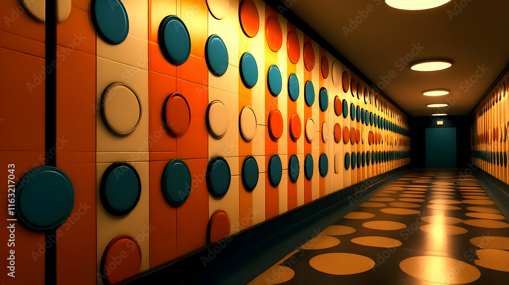 Poster abstract corridor with colorful circular wall art, geometric patterns and floor design illuminate th