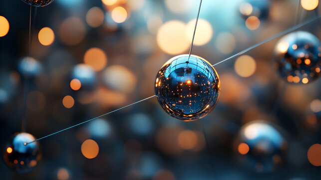 Interconnected Spheres Reflecting Light, Abstract Network of Shiny Globes, Illuminated Bokeh Background.  System of objects connected dynamically with elegant lines.