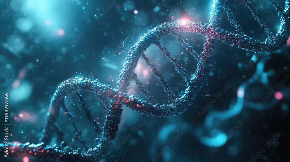 Wall mural close-up view of a dna double helix structure in a digital, abstract environment.