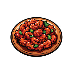 Create a highly detailed vector illustration of a plate of General Tso's chicken, showcasing its glossy glaze, vibrant color, and individual chicken pieces.