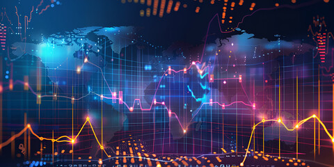Global data visualization with financial trends and glowing charts, Futuristic world map overlay with analytics

