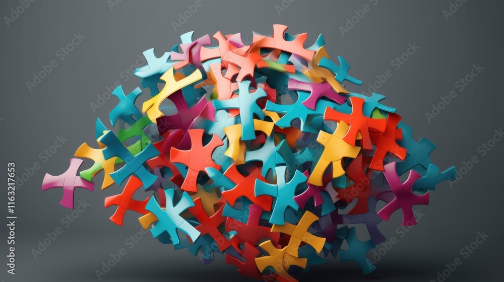 Poster abstract colorful puzzle pieces cluster: a 3d render of interlocking shapes