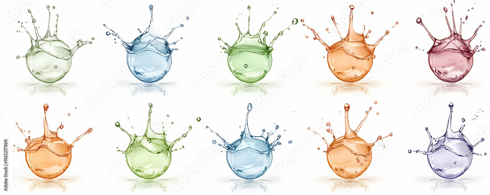 Poster vibrant water droplets splashing, creating colorful spheres. dynamic liquid artistry with multiple h