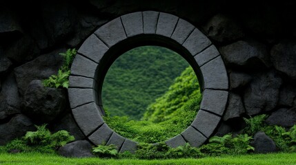 Stone Circle Window: A circular stone frame creates a window onto a lush, verdant landscape, inviting contemplation and evoking a sense of mystery and possibility. 
